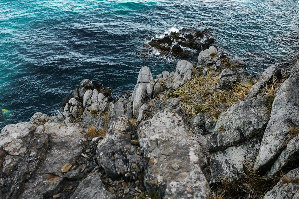 Formación de rocas grises cerca del cuerpo de agua durante el día