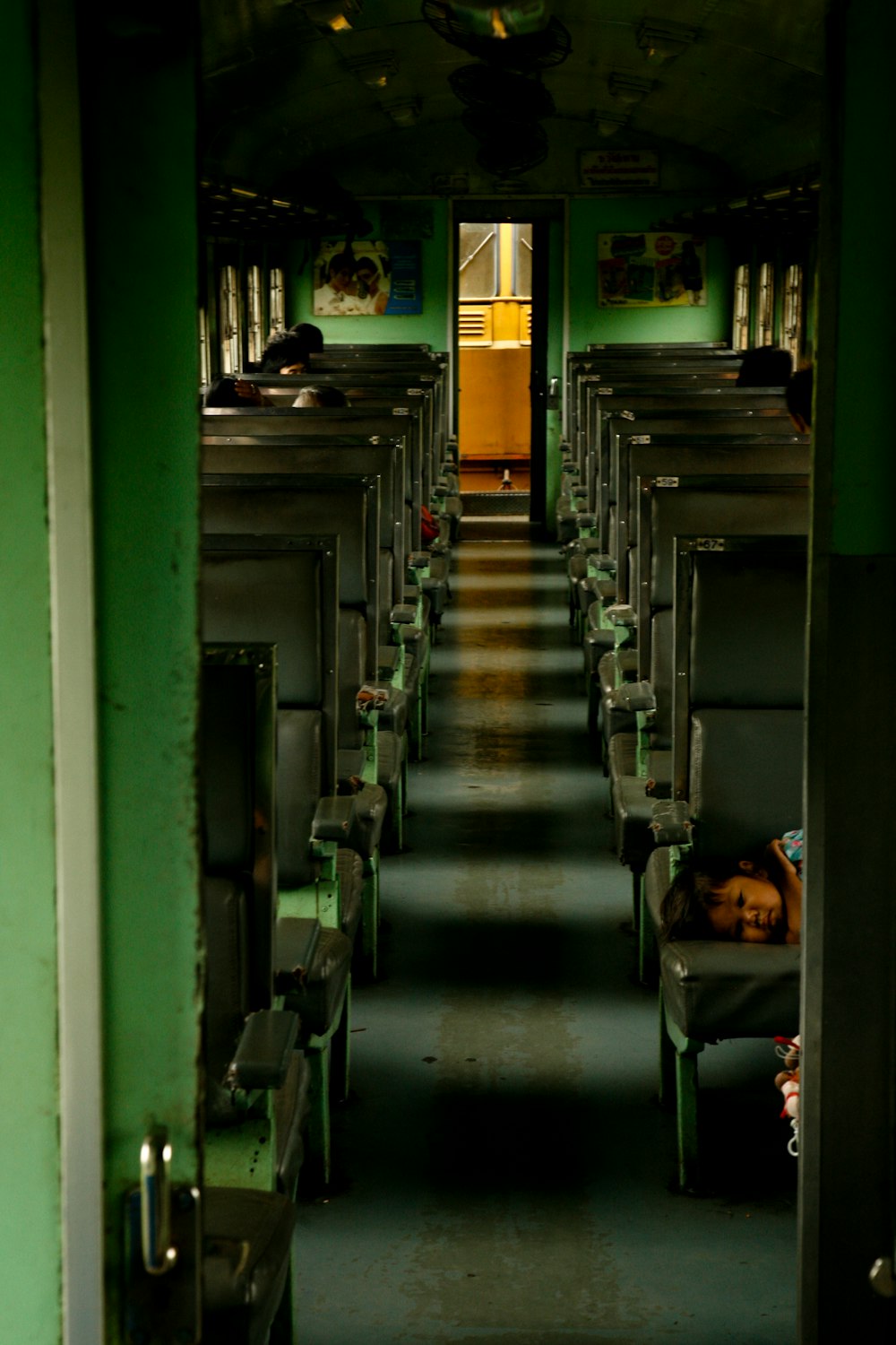 green and yellow train interior