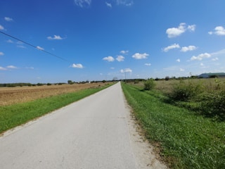 A freshly paved road stretching through a rural landscape under a clear blue sky.