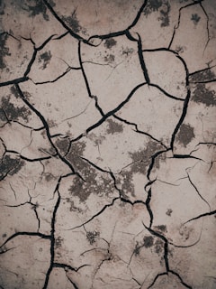 Cracked and dry earth with deep fissures and patches of darker soil. The surface is uneven and barren, illustrating signs of drought or arid conditions.