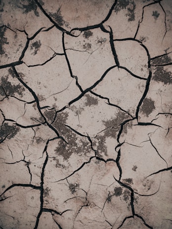 Cracked and dry earth with deep fissures and patches of darker soil. The surface is uneven and barren, illustrating signs of drought or arid conditions.