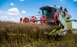 red and green metal machine on green grass field under blue sky during daytime