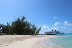 A panoramic view of the Bahamas port with crystal-clear turquoise waters and a cruise ship anchored
