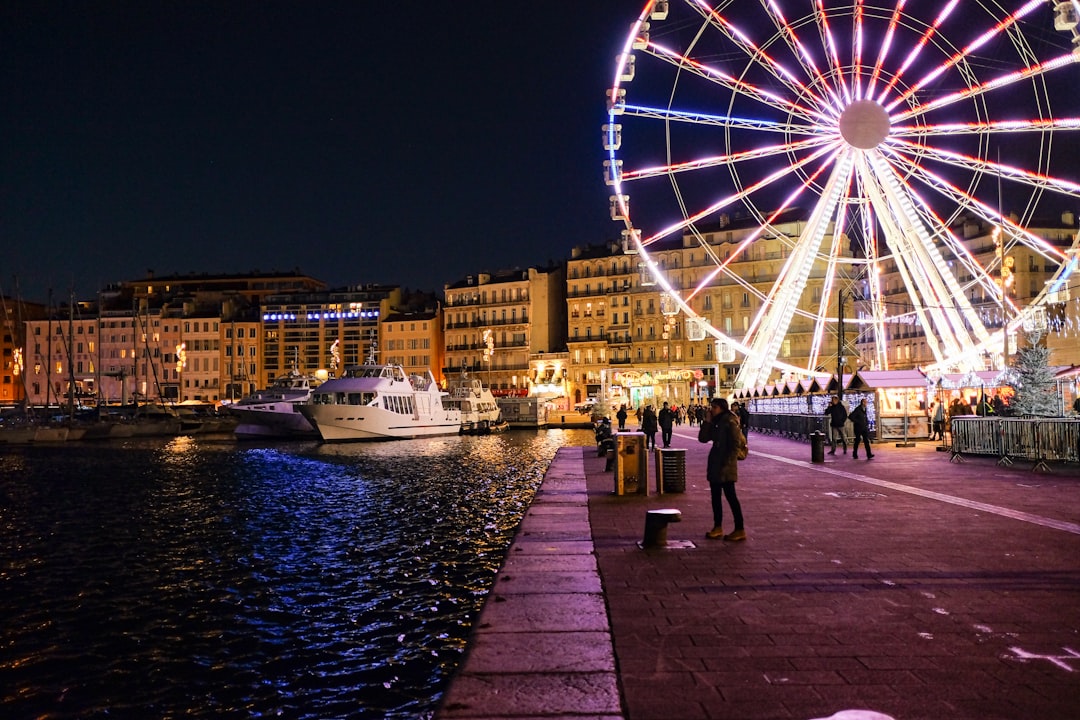 people walking on sidewalk near ferris wheel during night time