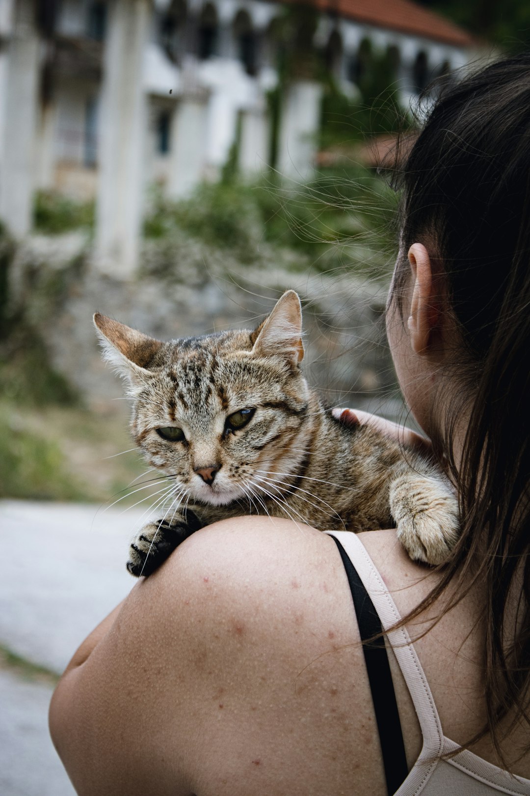 woman in black tank top carrying brown tabby cat