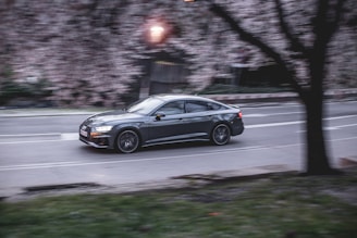 A sleek, dark-colored car is driving at speed along a city street. The motion blur gives a sense of fast movement, with flowering cherry trees lining the roadside.