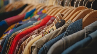 A row of various colorful clothes on wooden hangers, including plaid shirts, denim jackets, and a variety of patterns and textures. The garments are closely packed and hung on a metal rail.