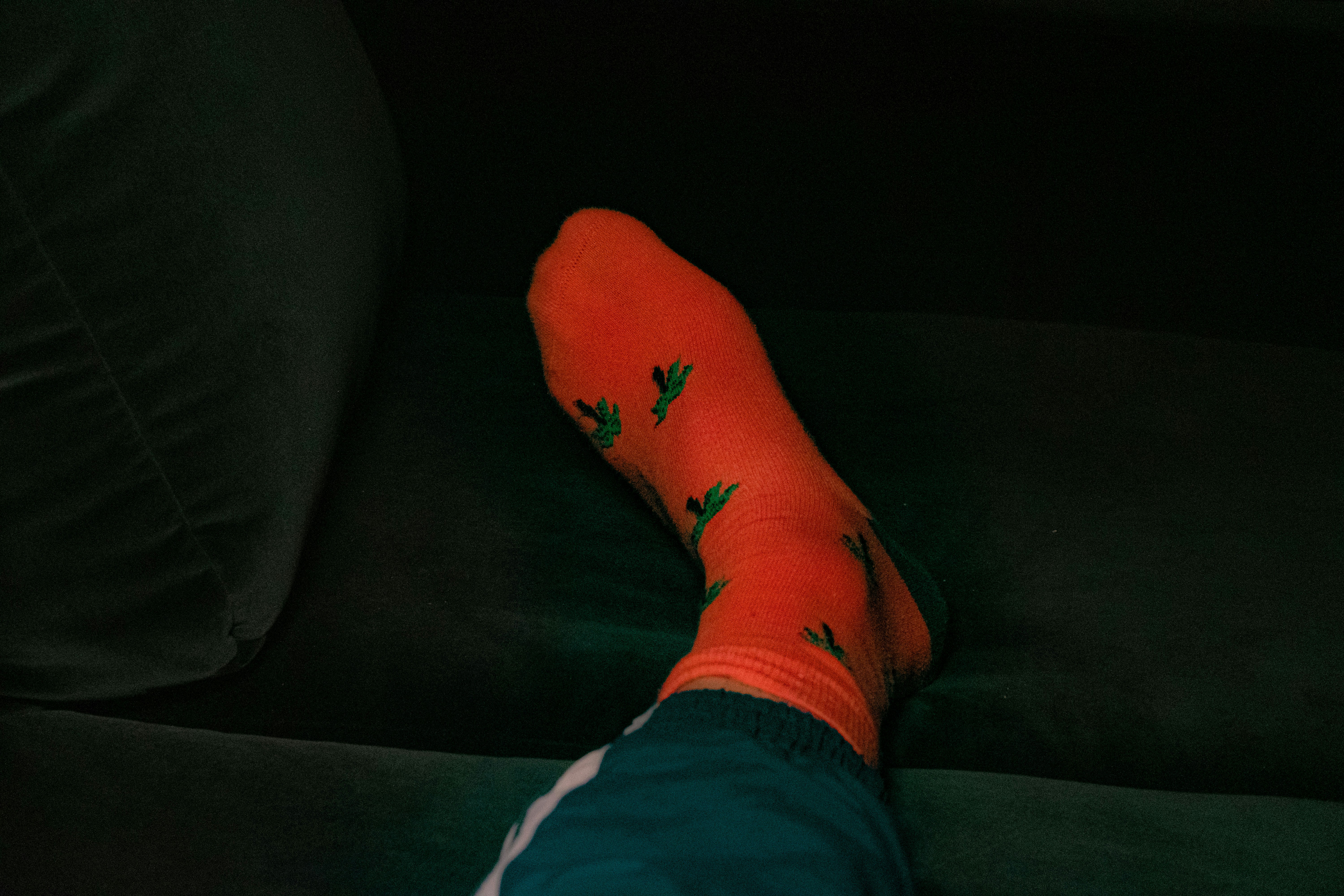 orange socks with palm trees on a green velvet couch
