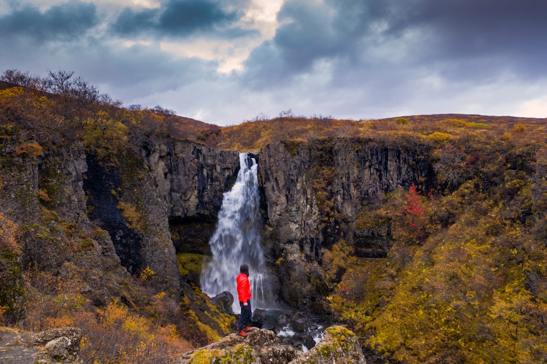 person standing on rock near waterfalls under cloudy sky during daytime