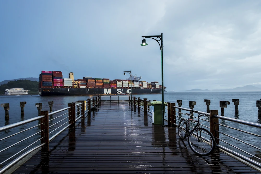 Píer à beira do canal do porto de Santos, com um navio de contêineres passando