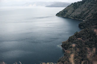 A serene lake is beside a green, forested hill.