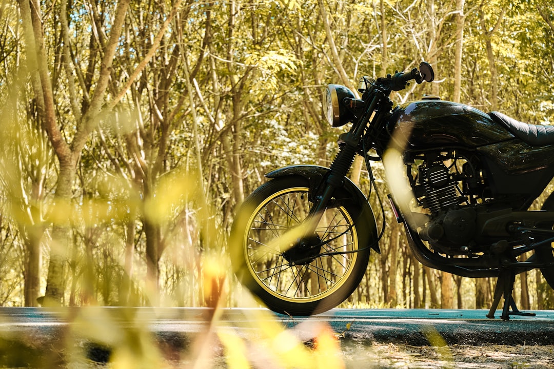 black motorcycle parked on blue and white concrete road during daytime