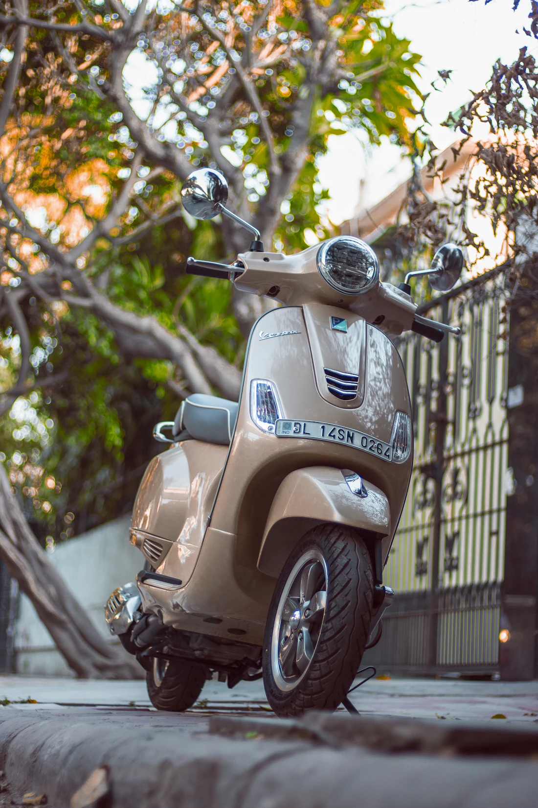 A two-wheeler parked on an Indian street