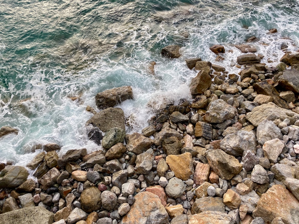 Rocas marrones en la orilla del mar durante el día