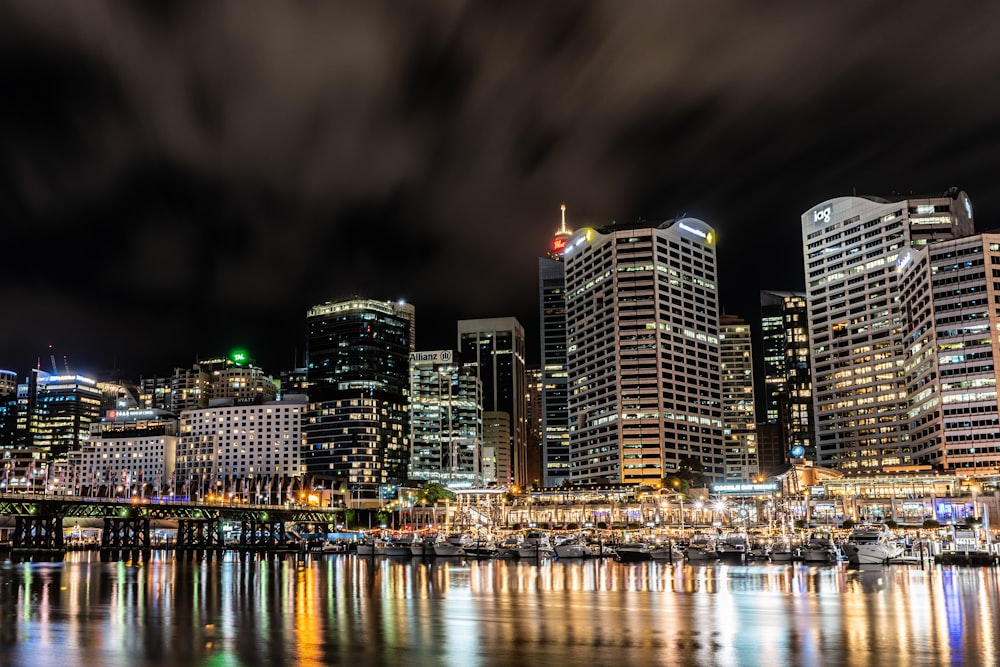 city skyline during night time