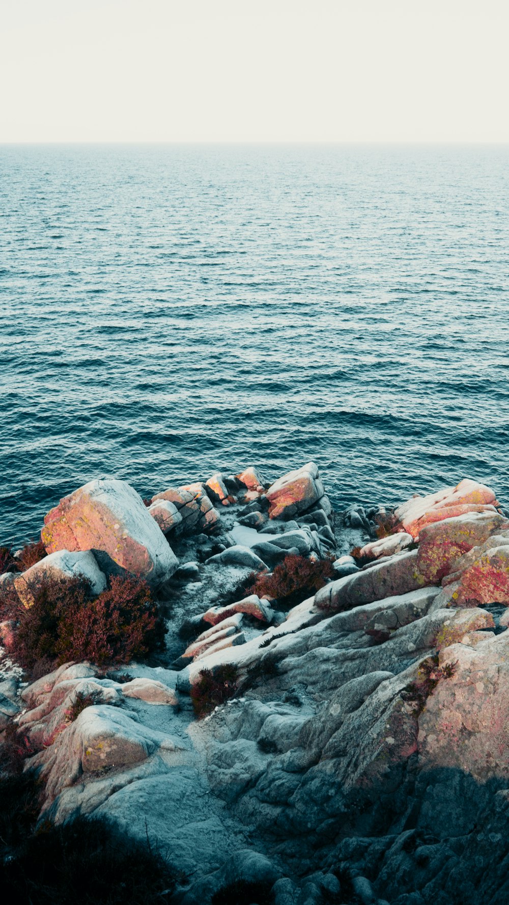日中の水域のそばの茶色と灰色の岩