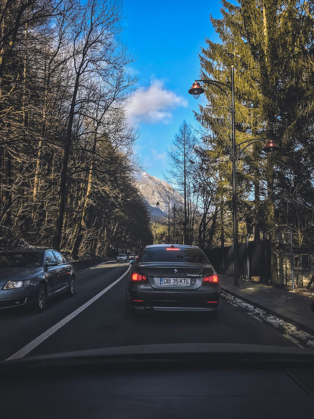 black car on road between trees during daytime