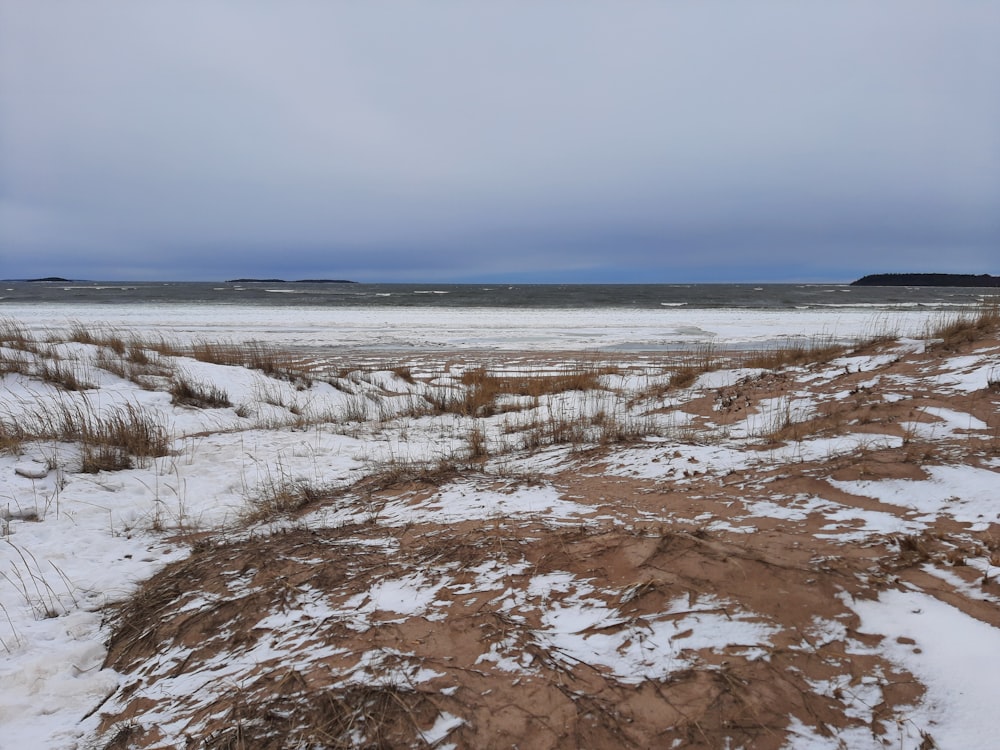 a field covered in snow next to a body of water