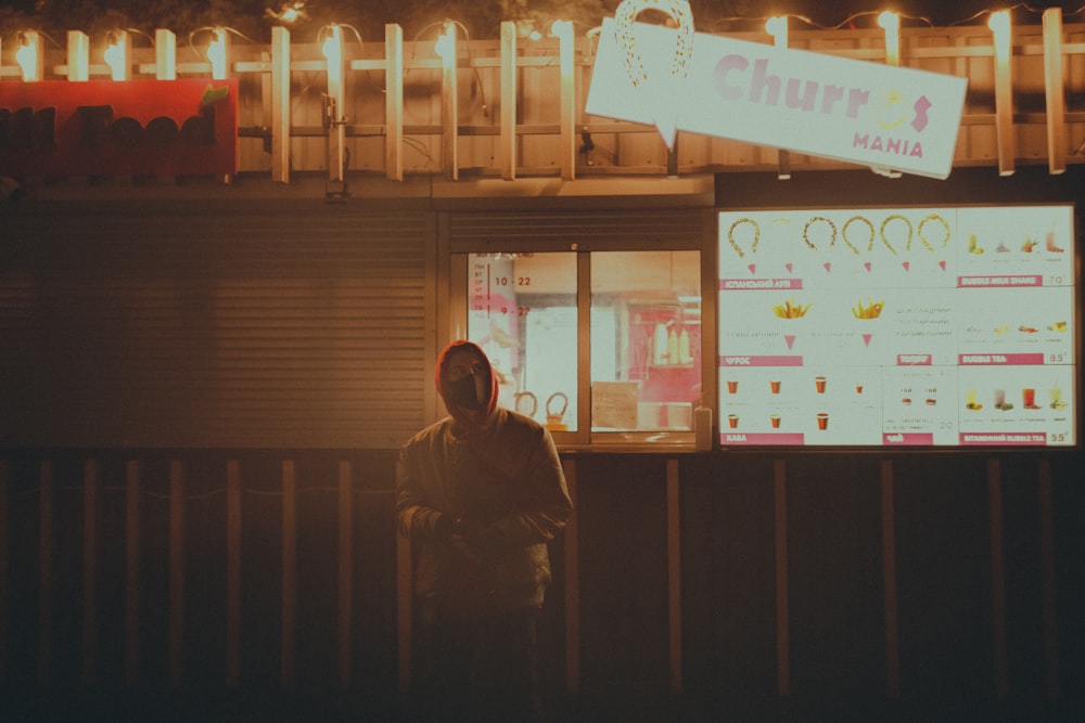 man in black jacket standing near store