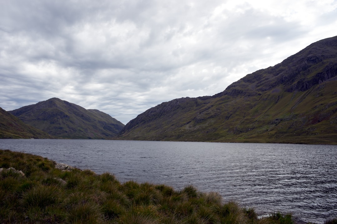 green grass field near body of water under cloudy sky during daytime