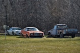 Three old vehicles are parked on a grassy field near bare trees. Two of the vehicles are cars, one white and one orange, while the third is a rusty truck. A satellite dish is positioned to the left of the scene.