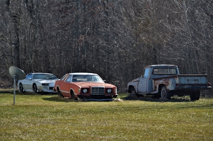 Three old vehicles are parked on a grassy field near bare trees. Two of the vehicles are cars, one white and one orange, while the third is a rusty truck. A satellite dish is positioned to the left of the scene.