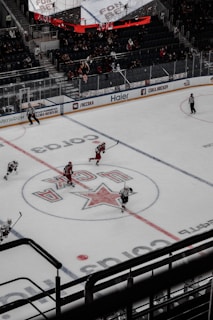 An ice hockey game is underway in an indoor arena with players actively engaged in the sport. Spectators are seated in the stands, while some areas appear sparse. The rink features a large logo at center ice, and electronic advertisements surround the perimeter.