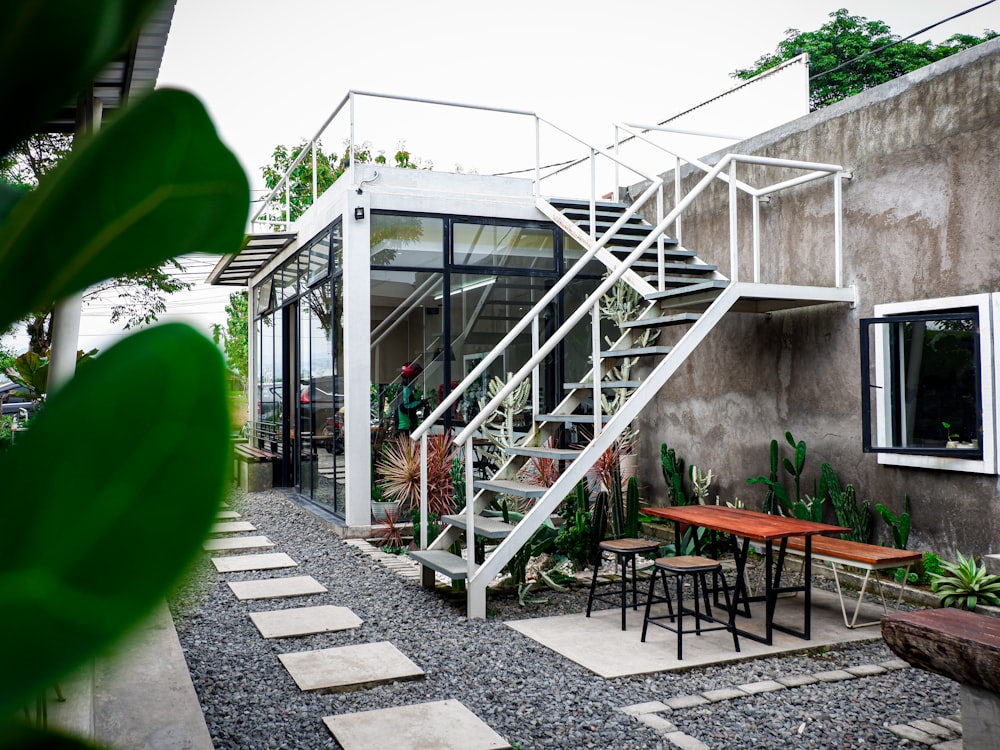 Planta de hoja verde cerca de barandillas de metal blanco