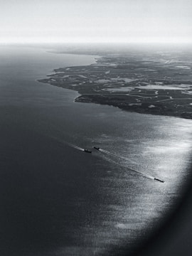 An aerial view of a coastline with a large body of water extending to the horizon. The land features intricate patterns of water channels and patches of greenery, suggesting a marshy or delta region. Several ships are visible in the water, creating light trails on the ocean surface.
