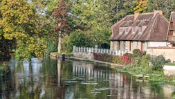 brown wooden house near river