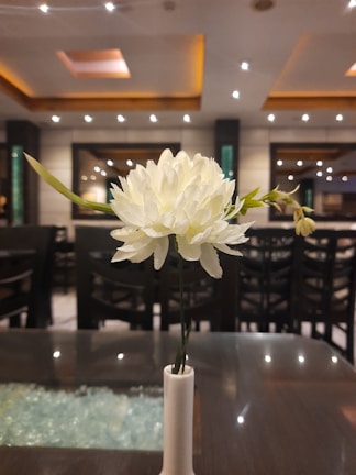 A peaceful corner with a plush white throw and a small vase of fresh white flowers.