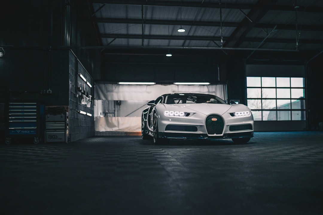 white Bugatti Chiron car in a tunnel