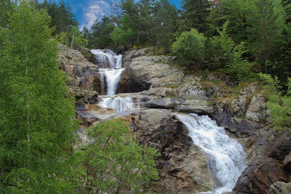 waterfalls in the middle of green trees under blue sky during daytime