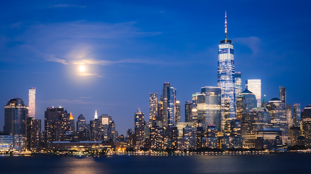 city skyline during night time