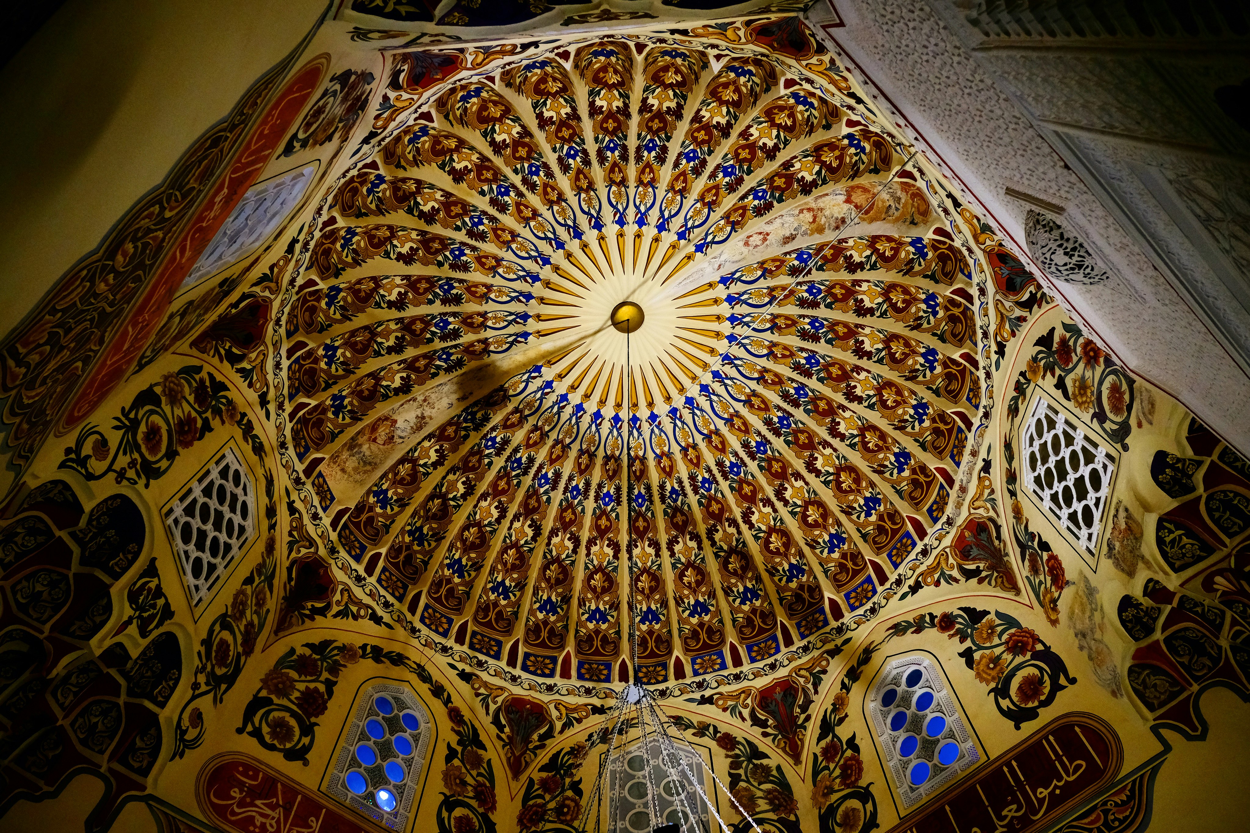 brown blue and green floral ceiling