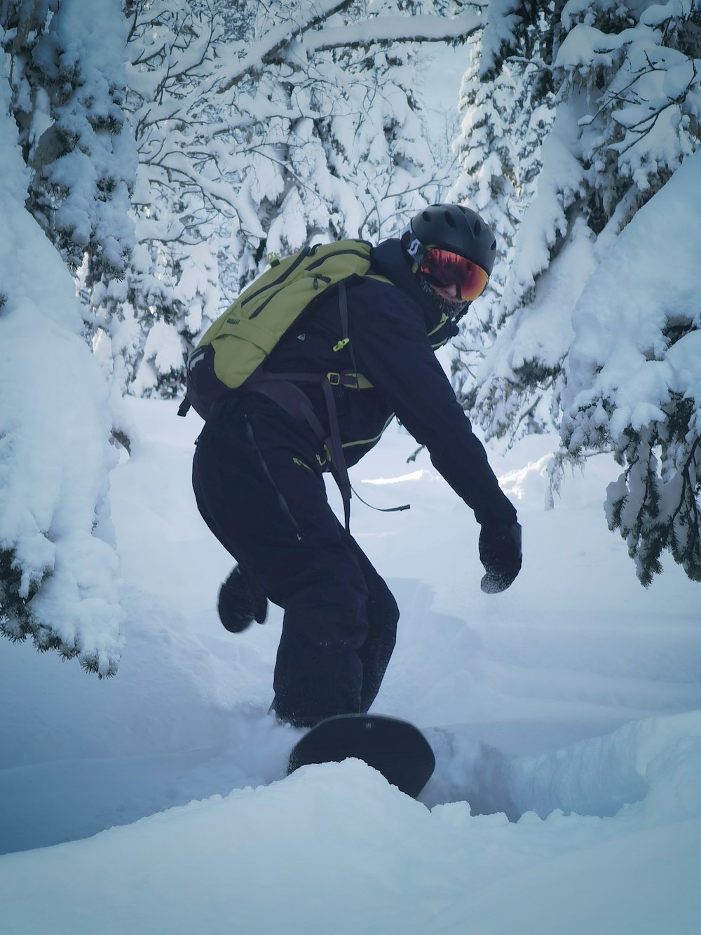 person in black jacket and pants on snow covered ground