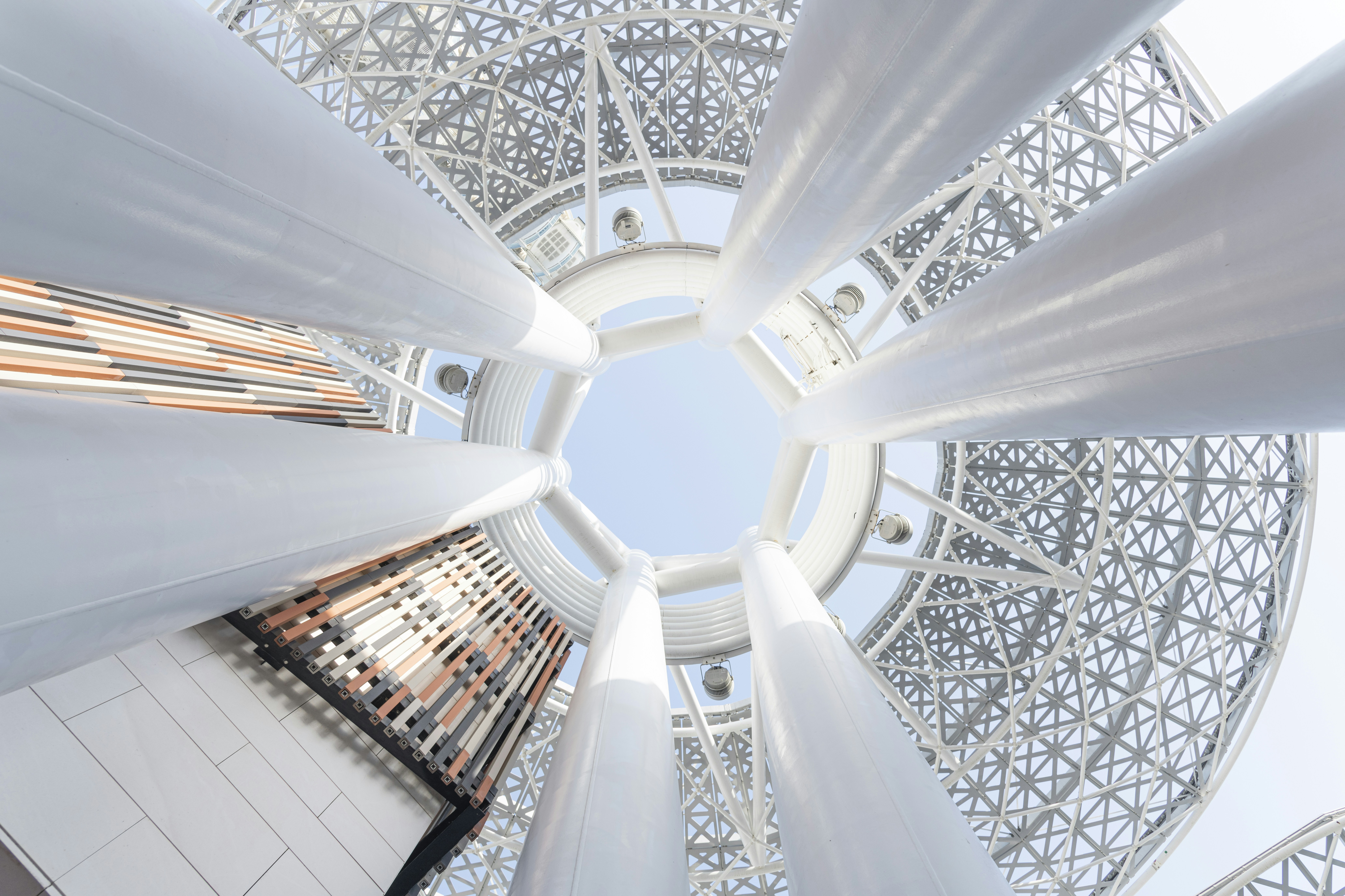 white and blue concrete building interior