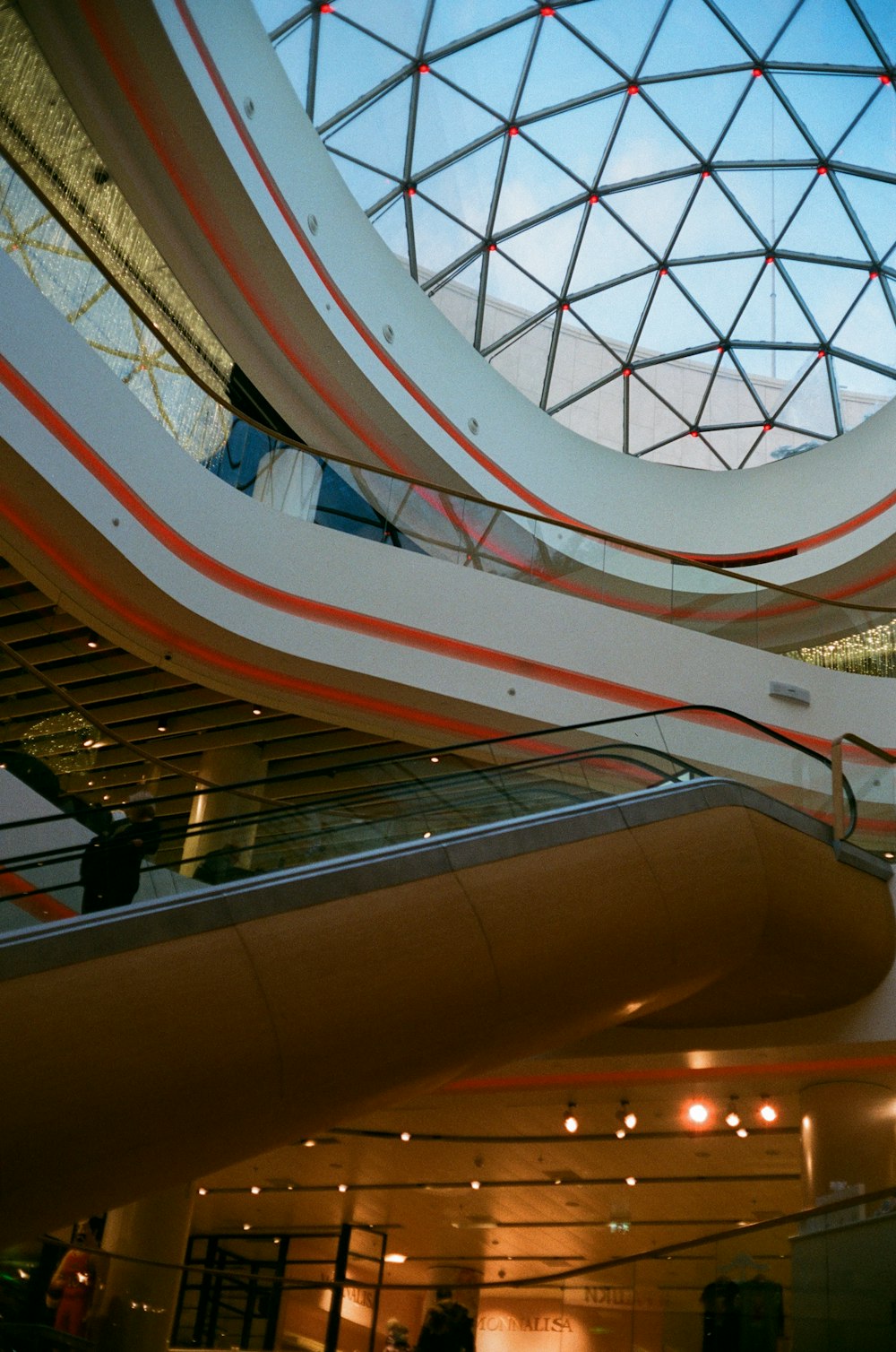 white and red spiral staircase