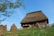 A rustic wooden house with a thatched roof surrounded by wooden fencing and haystacks. The landscape is green with patches of yellow flowers, and a clear blue sky is above. A tree with green leaves is visible on the left side.