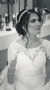 woman in white floral lace dress