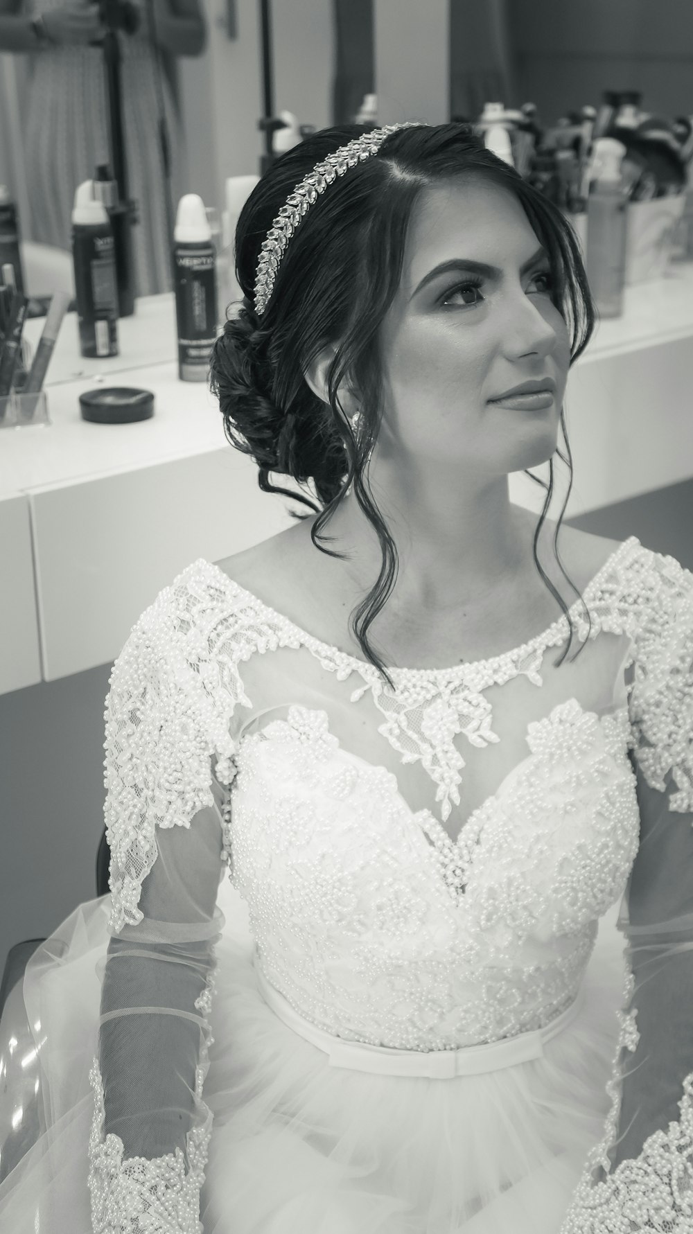 woman in white floral lace dress