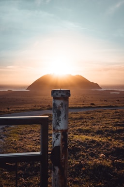 A warm sunset over Heritage Homestead's sprawling fields with grazing animals nearby.