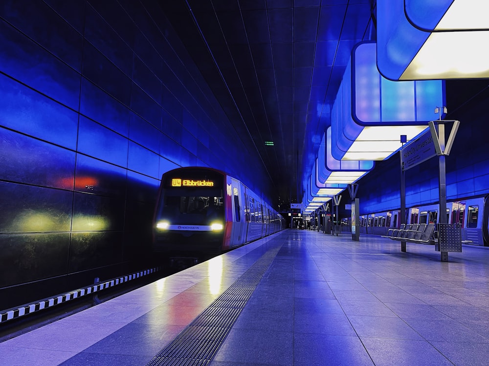 blue and white train station