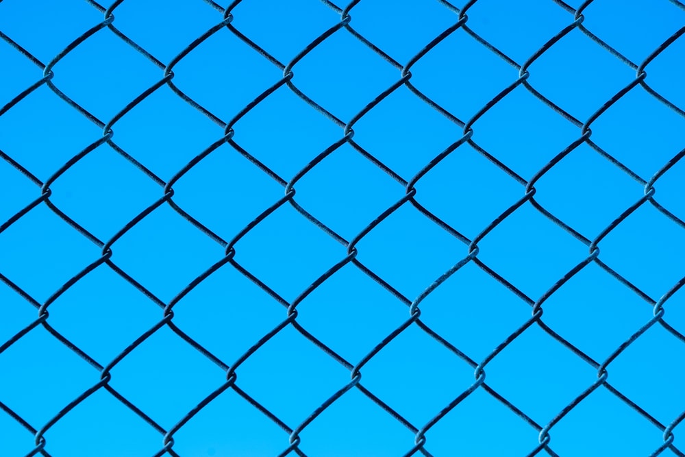 青い金属のチェーン・リンクの塀