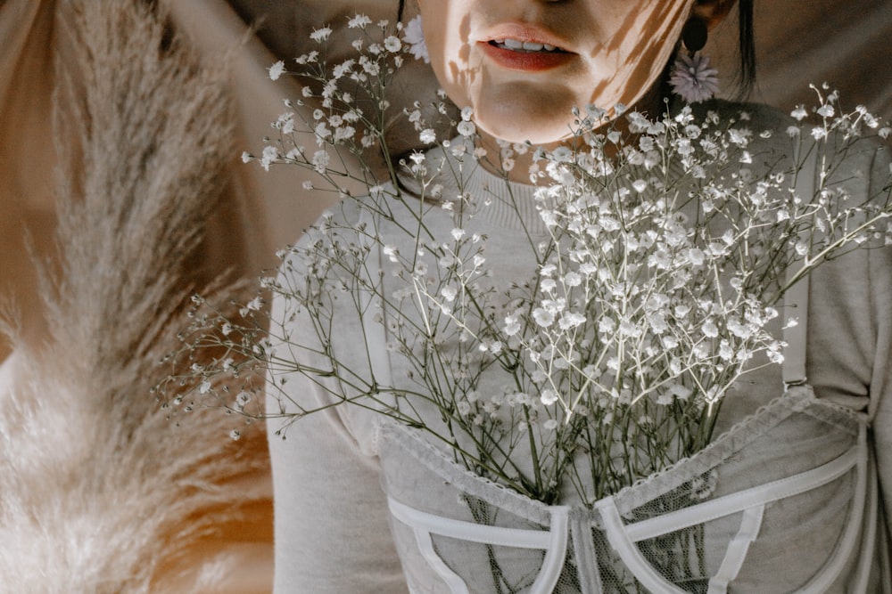 woman in white floral dress