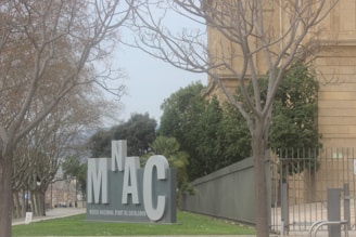 Large metallic letters displaying the acronym 'MNAC' are positioned near bare trees and a section of a classical building. The scene is set in an outdoor environment with a pathway leading alongside the building.