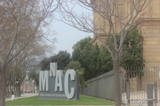 Large metallic letters displaying the acronym 'MNAC' are positioned near bare trees and a section of a classical building. The scene is set in an outdoor environment with a pathway leading alongside the building.