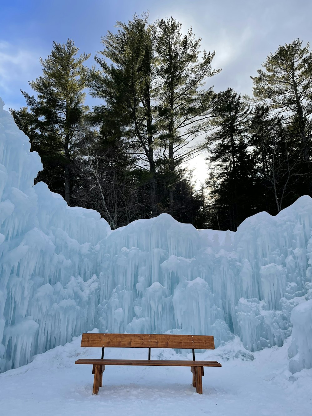 brown wooden bench covered with snow