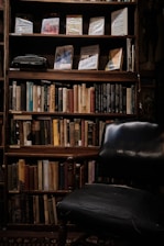 A cozy writing nook filled with sci-fi books, a glowing lamp, and a vintage typewriter.