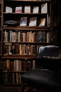 A cozy writing nook with a vintage typewriter and stacks of speculative fiction books.
